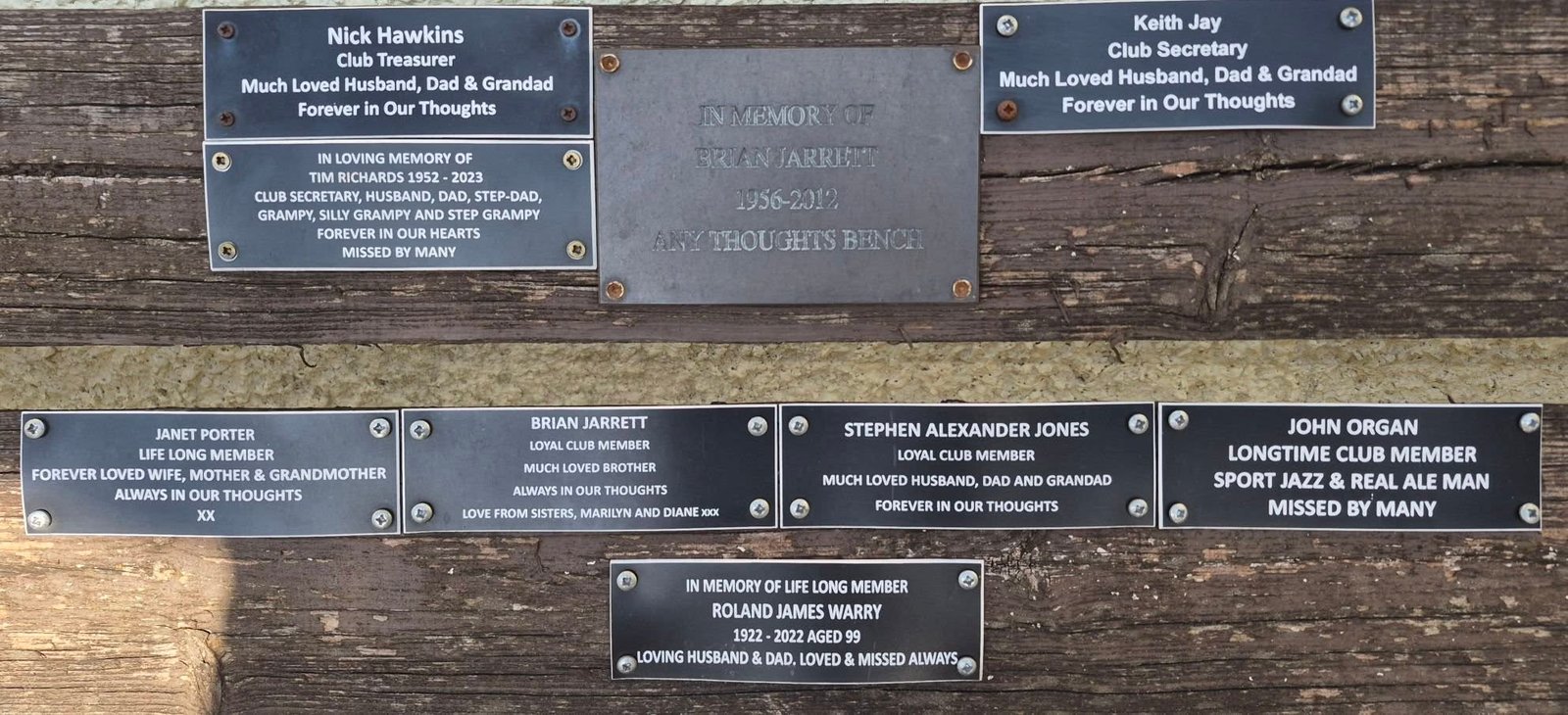 Memorial plaques on the club's Any Thoughts Bench